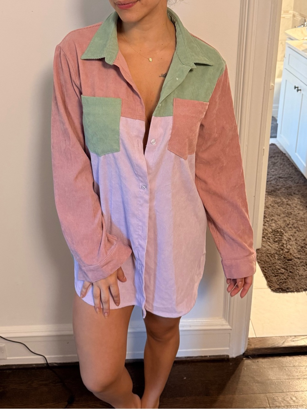 Corduroy Colorblock Button-Up Shirt - Pink & Green
